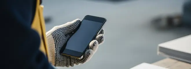 Hand mit Smartphone auf der Baustelle